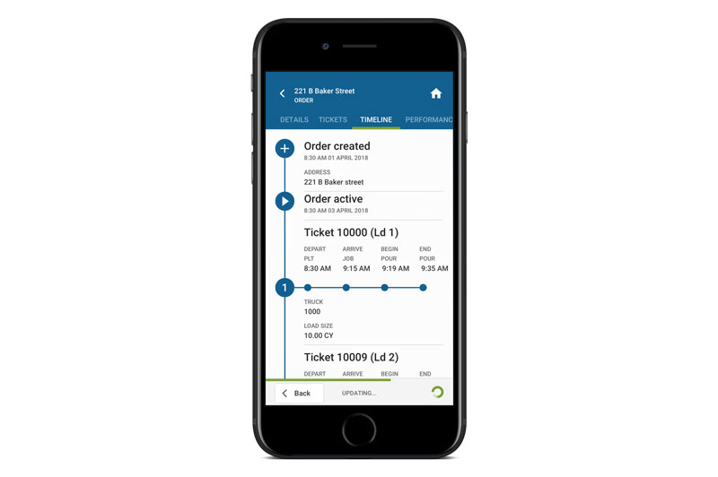 BCMI Corp.’s Material Now app provides contractors with all they need to know about their concrete orders and can be used as a virtual filing cabinet that houses past ticket data. Pictured here is an order timeline for a concrete finisher.BCMI Corp.